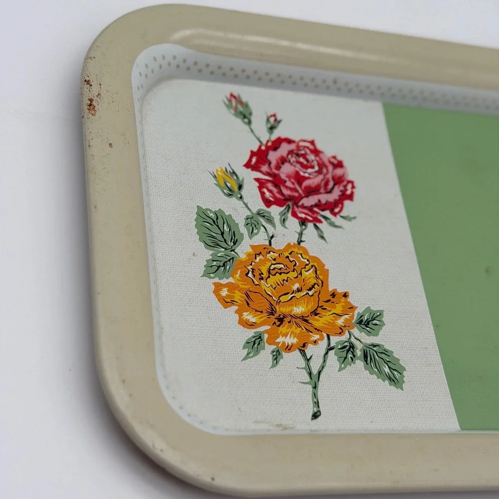 Vintage Metal Serving Tray Floral Rose Green Cream Mid Century Retro 14x9